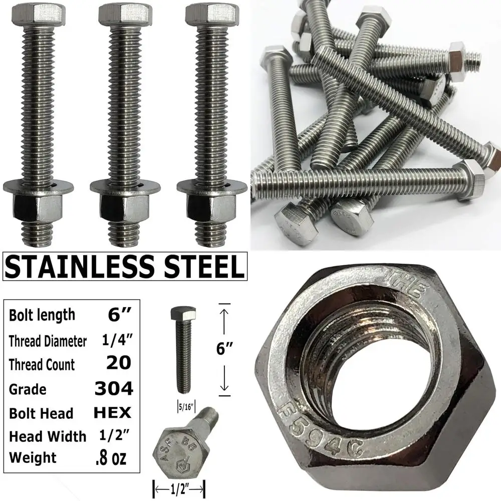 

Болты, гайки и шайбы из нержавеющей стали 1/4-20 — шестигранная головка 18–8 — класс 304 — подходит для внутреннего и наружного использования