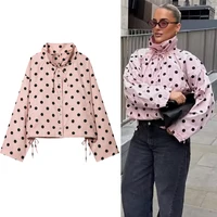 Chaqueta de mujer de manga larga con lunares rosas, abrigo de moda para mujer con cuello alto y botonadura sencilla, chaqueta casual de primavera para mujer estilo High Street