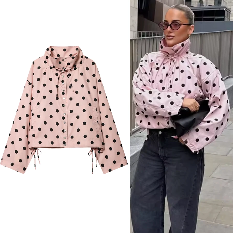 Women Long Sleeve Pink Polka Dot Jacket Women Fashion Single Breasted High Collar Coat Women Spring Casual High Street Jacket