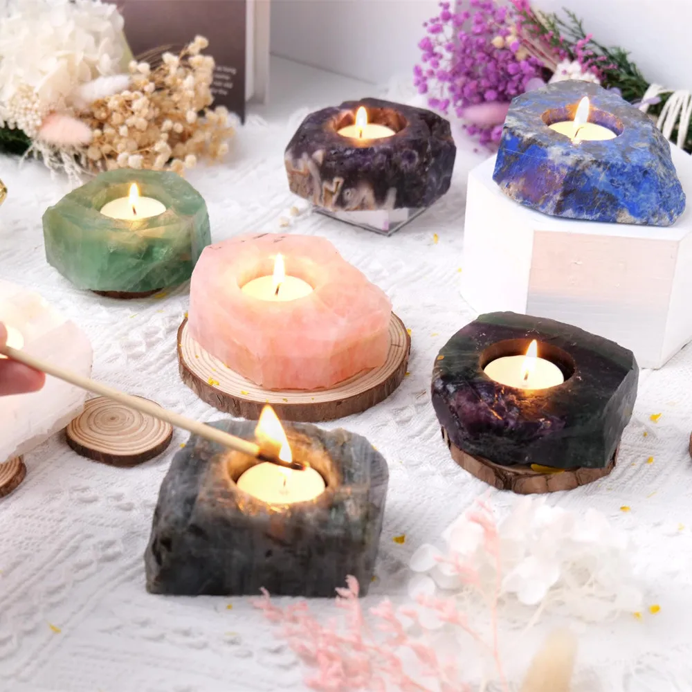 

Natural Shape Crystals Candle Holder Quartz Amethyst White Crystal Candle Holder Decorations Raw Stone Rough Candle Holders