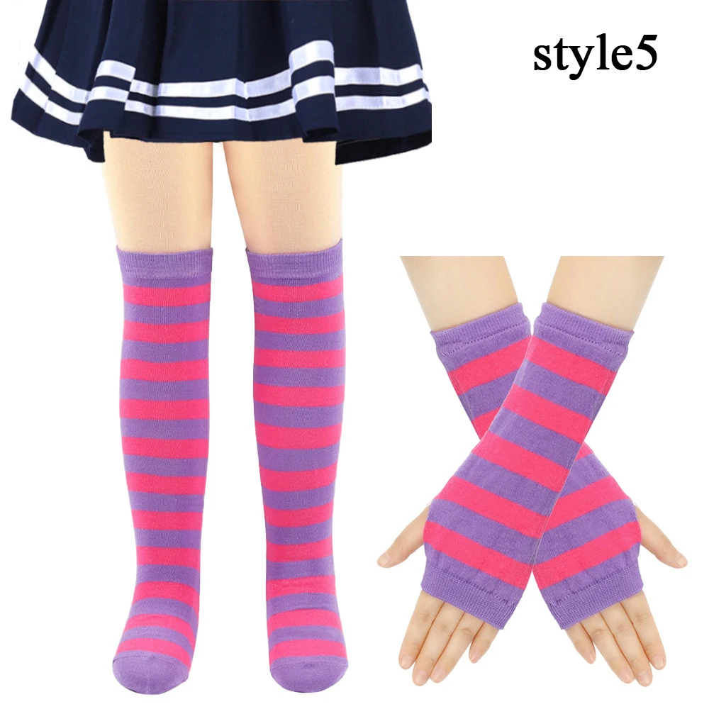 Dames Lange Sokken Vingerloze Handschoenen Set Gestreepte Armwarmer Dames Meisjes Overknee Sokken Cosplay Halloween Kousen Elleboogwant