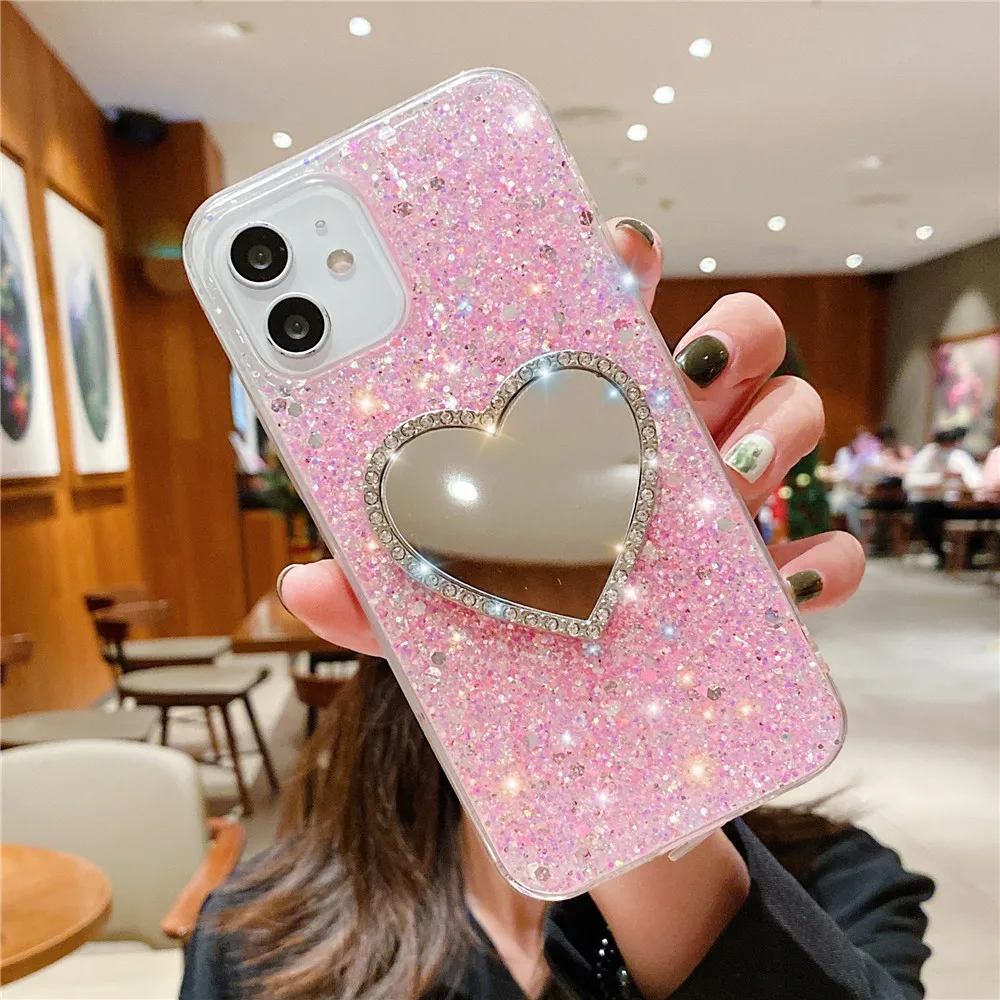 Luxury Bling Glitter Love Heart Mirror Sequins Phone Case For iPhone 15 13 12 14 11 Pro Max X XS Max XR 7 8 Plus SE 2020 Cover