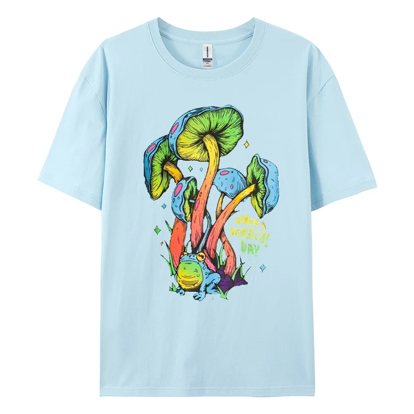 100% Cotton Green Mushroom Print Women's T-Shirt Loose Crew Neck Short Sleeve Funny Niche Fashion Casual Top Summer Must-Have