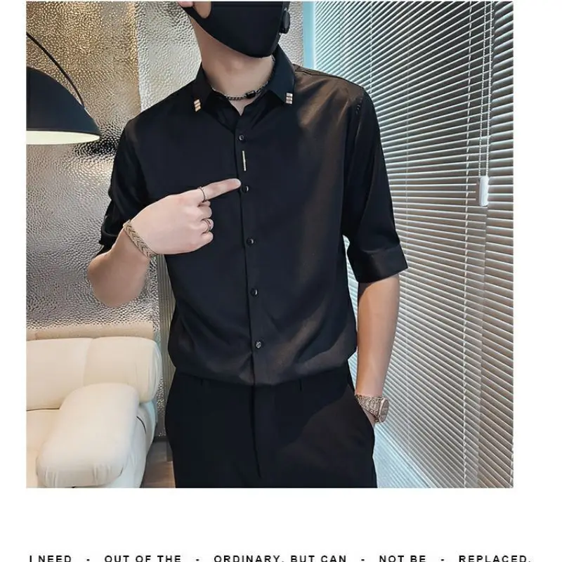 High-end Ice Silk Short-sleeved Shirt Men's Trendy Casual Mid-sleeved Summer Men's Clothes Without Ironing Shirt