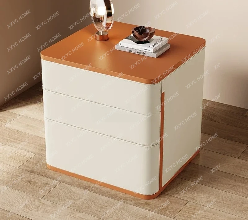 Creative and simple modern three-layer all-solid wood bedside table saddle leather