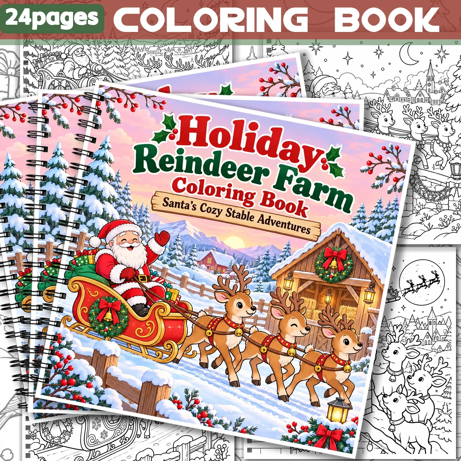 Holiday Reindeer Farm Theme Coloring Book Spiral Bound 24Pages Showcasing Creativity & Relieving Stress Design Relaxing Body Art