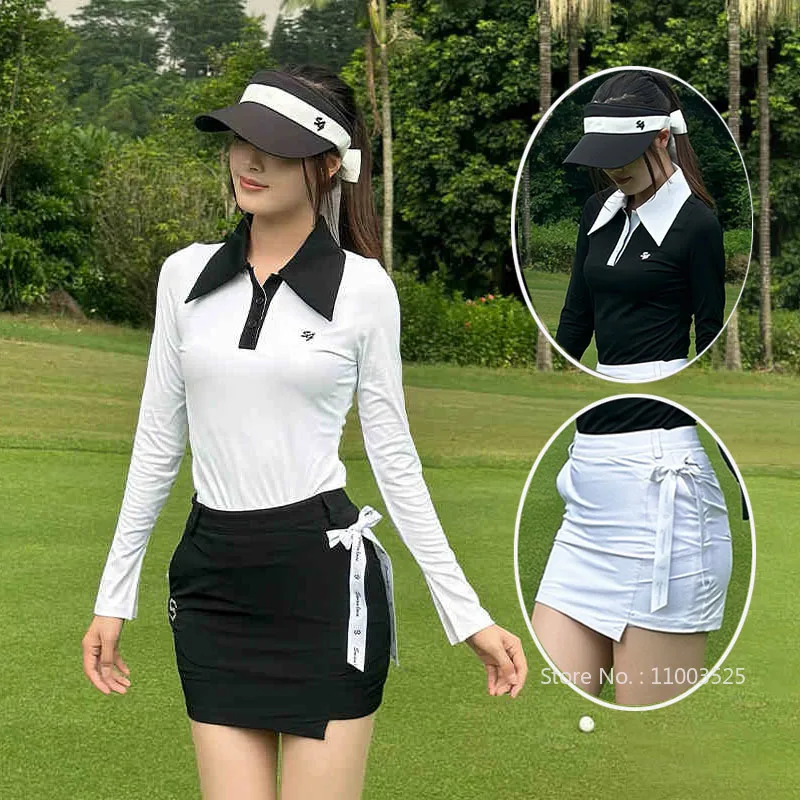 SG 2024 Golf Women Polo Shirts Autumn Spring Lapel Long-sleeved Tops Button Design Lady Pencil Skirts Sports Bow Ribbon Skort