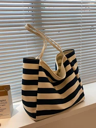 Korean Style Women’s Handlebags 2024 New Fashion Large Capacity Striped Cloth Underarm Shoulder Bags Chic Ladies Commuter Totes