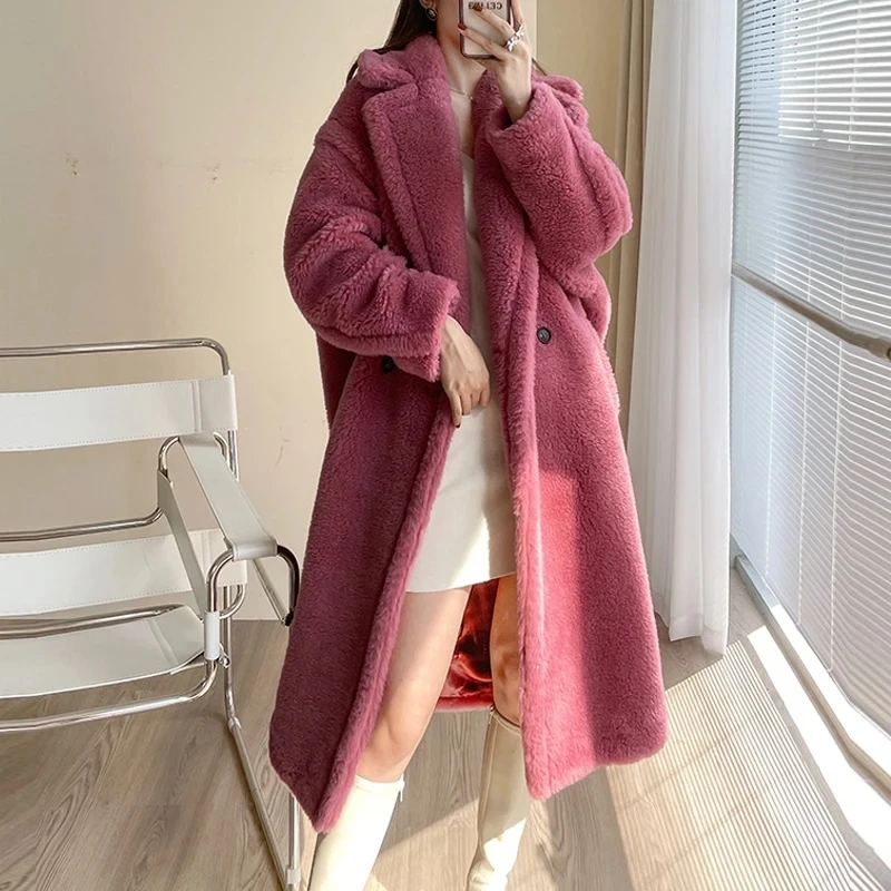 

2023 Fall Winter Real Sheep Shearing Long Jacket Coat Women Thicker Warm Turn-down Collar Ladies Wool Fur Parka Overcoat Trench