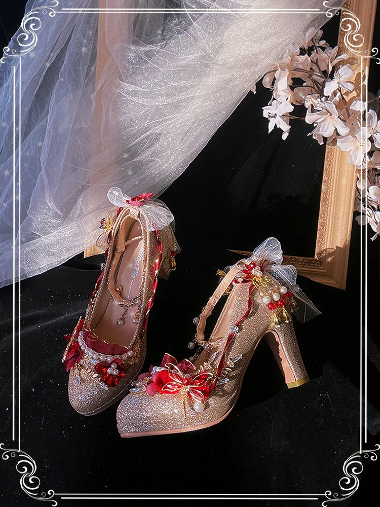 Zapatos de estilo chino Lolita para mujer, zapatos hechos a mano Xiuhe, tacón grueso redondo, Boda nupcial