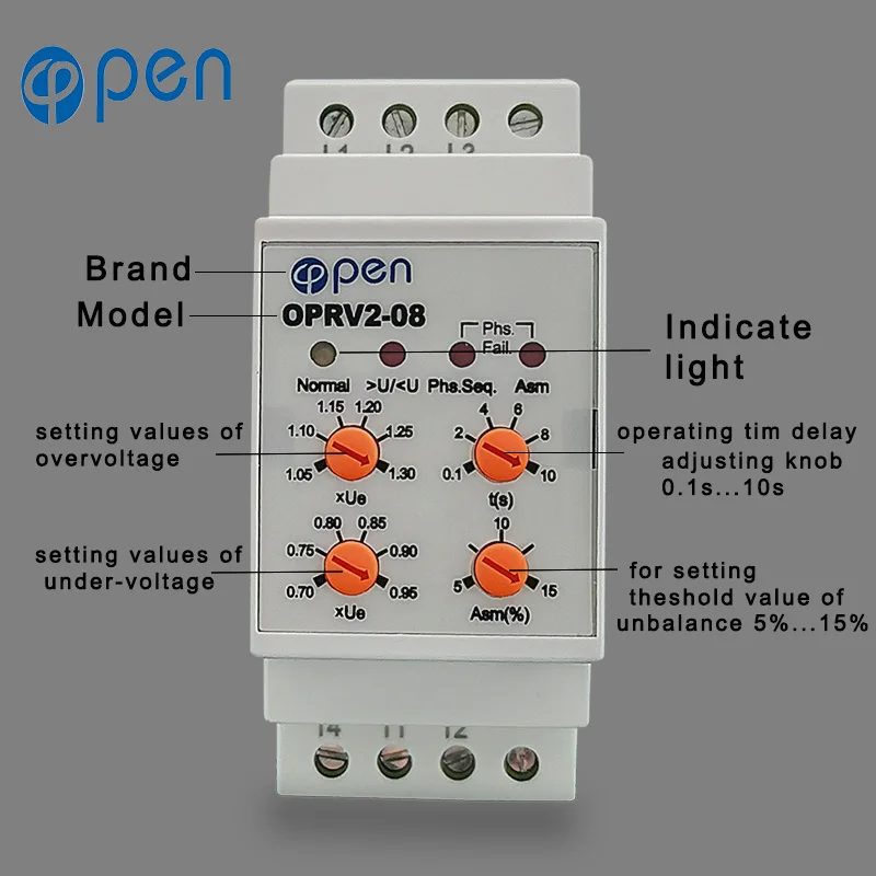 OPEN Protection relay Phase Sequence Overvoltage and Undervoltage Control ON OFF Protecting Safe Electrics Multi-function