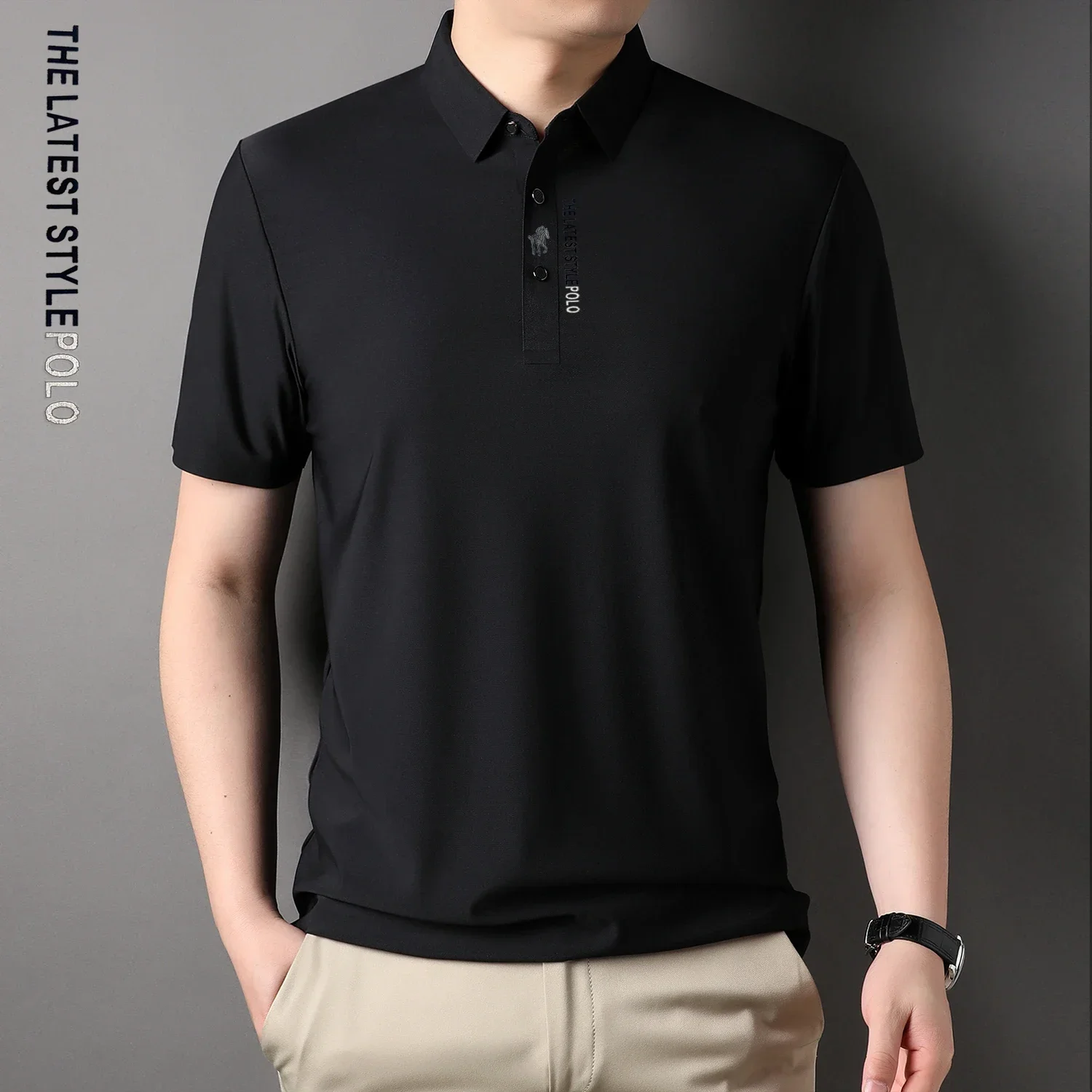 Ice Silk Embroidery Polo Shirt 2024 New Summer Lapel Elasticity T-shirt Korean Fashion Short Sleeve Business Casual Men Clothing