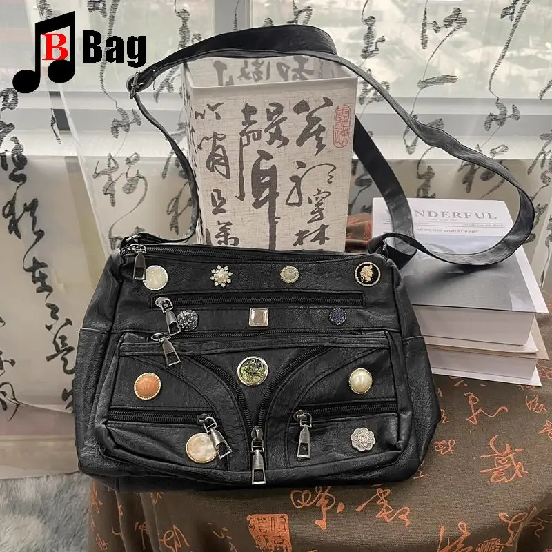 Y2K Gothic Women\'s Girls Punk Handbags Harajuku Original Button Multi Zipper Washed One Shoulder Crossbody Bag Fashionable Totes