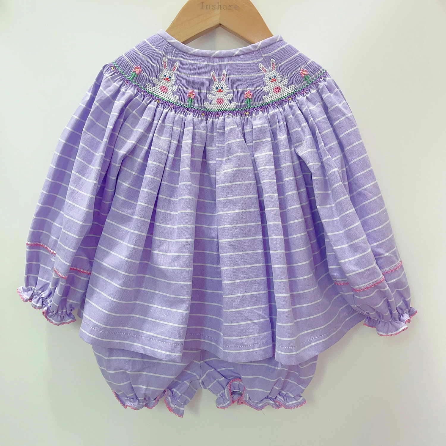 Girls Rabbit Smocking Suit Hand Embroidered Boutique Children's Clothing Pure Cotton Purple Long Sleeve Top + Shorts Cute Outfit