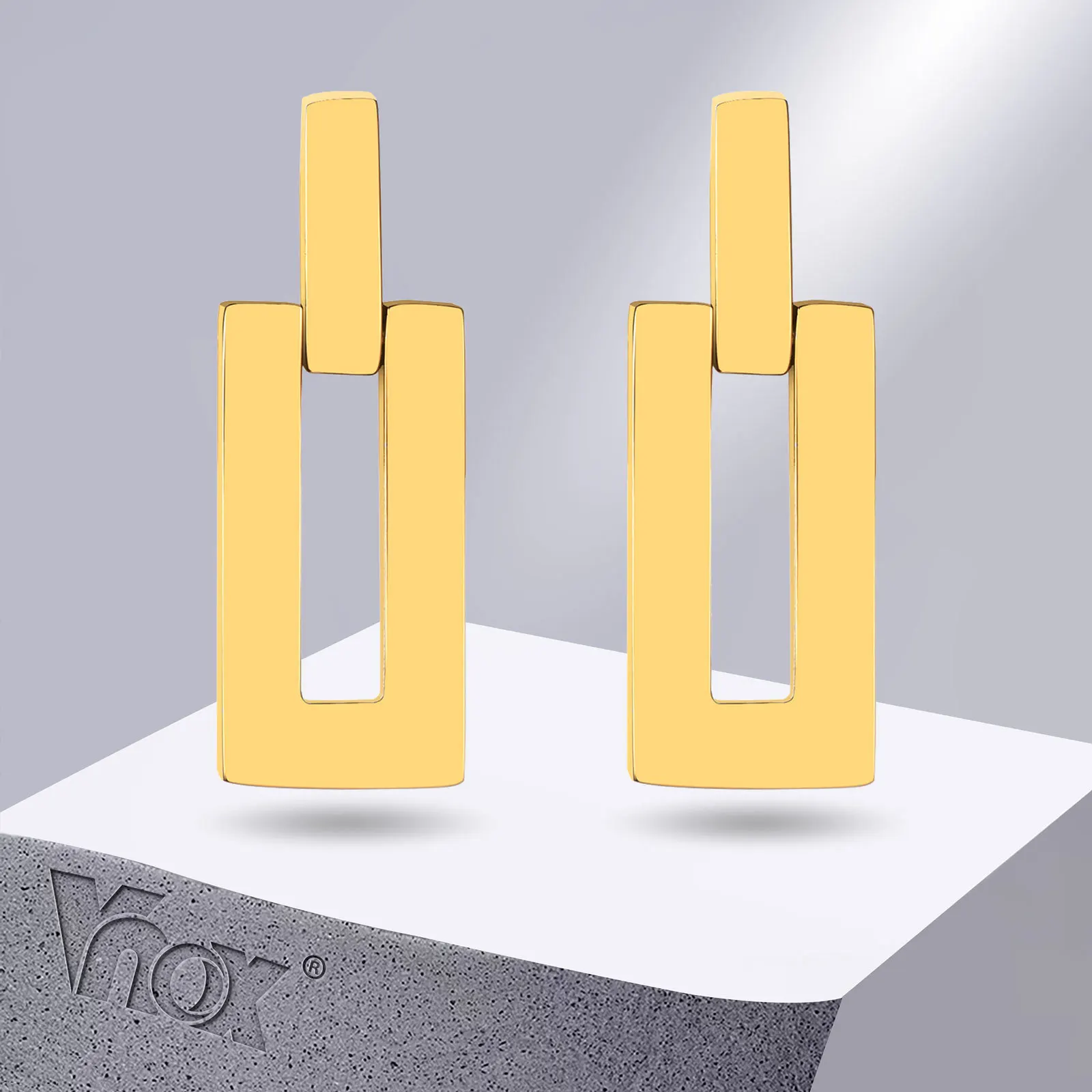 Vnox Geometric Women Drop Earrings, Gold Color Solid Stainless Steel Rectangle Square Dangle Earrings, Chic Boho Girls Earrings