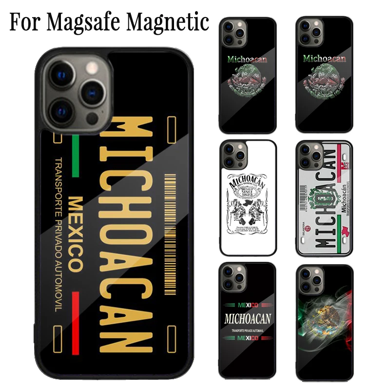 Michoacan License Plate Embroidery Magnetic Phone Case For iPhone 16 15 14 Plus 13 12 11 Pro Max Magsafe Wireless Charging Cover