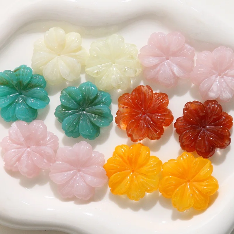New arrived 50pcs/lot 28mm color print cartoon flowers shape resin cabochon beads diy jewelry garment hair accessory