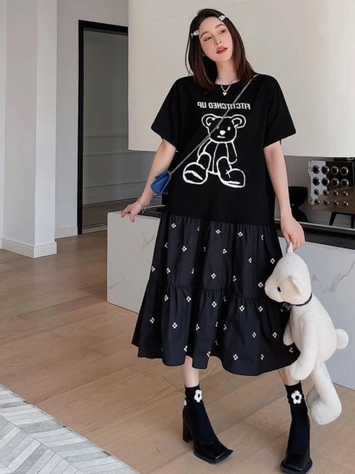 Grande taille décontracté mince t-shirt Dr femmes ort Sve taille ample dessin animé coréen Sle rond Ne a-ligne été Dr