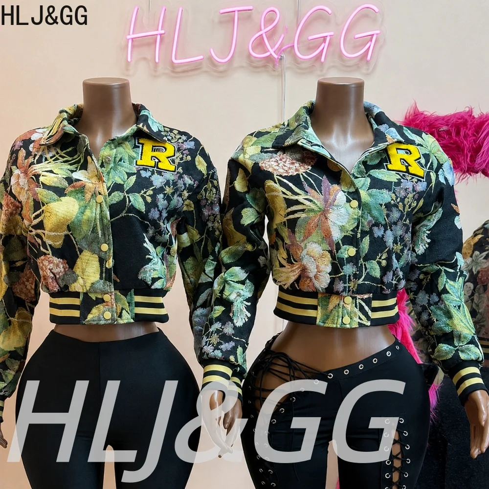 HLJ&GG Retro Floral Pattern Patchwork Jacket For Woman Autumn Winter Letter Embroidery Color Block Long Sleeves Buttons Crop Top
