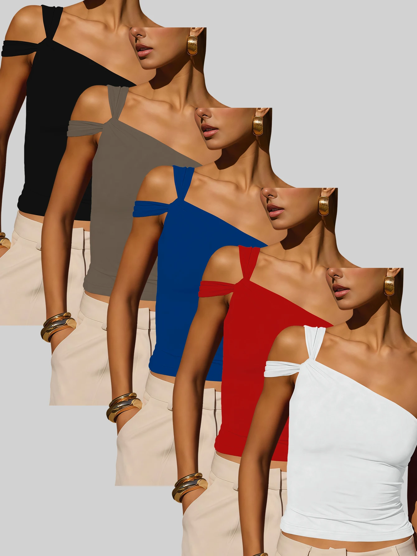

5-Piece Set of European and American Style Women's Sleeveless Tops, Full of Design, Slim and Unique, Asymmetrical Off-Shoulder Tube Top, Sexy and Versatile