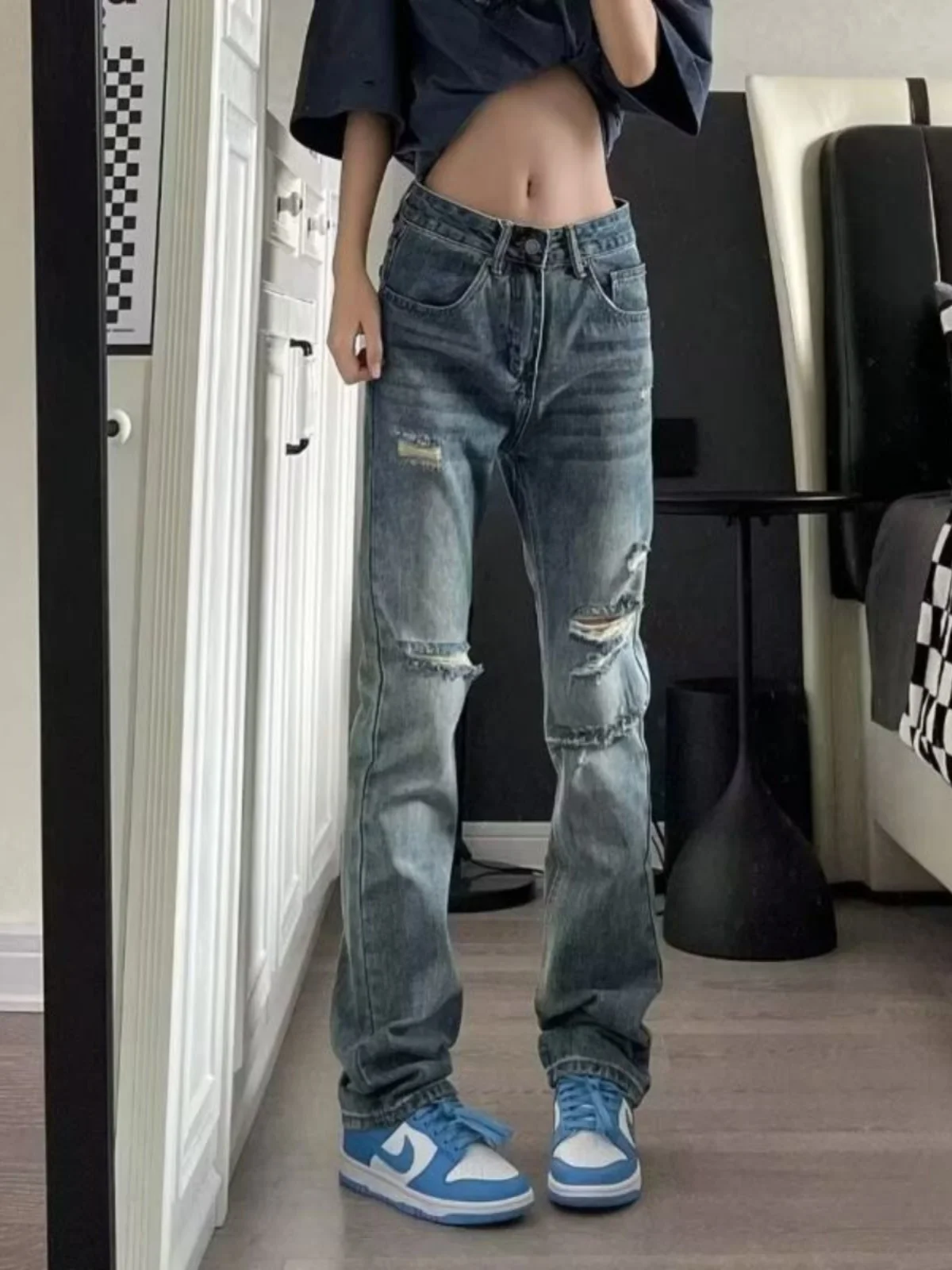 

Мужские джинсы American Waed Slim Fit с прямым кроем и дизайнерскими прорезями, износостойкие, молодежные, модные, длинные брюки в стиле High Street