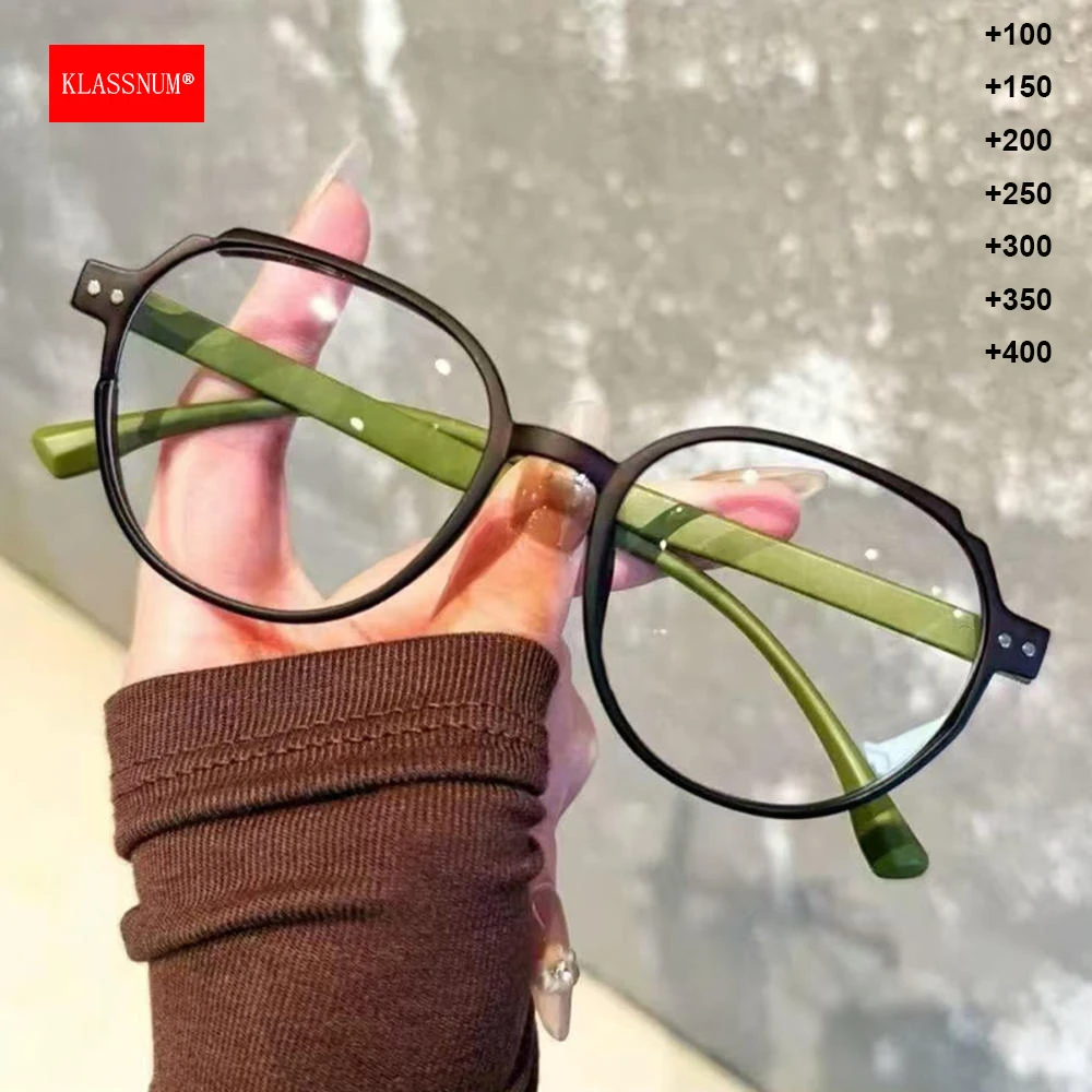 KLASSNUM Square Reading Glasses Women 2025 Trend Plus Presbyopia Glasses Men Eyeglass +1.0+1.5+2.0+2.5 Black Frame Green Temple