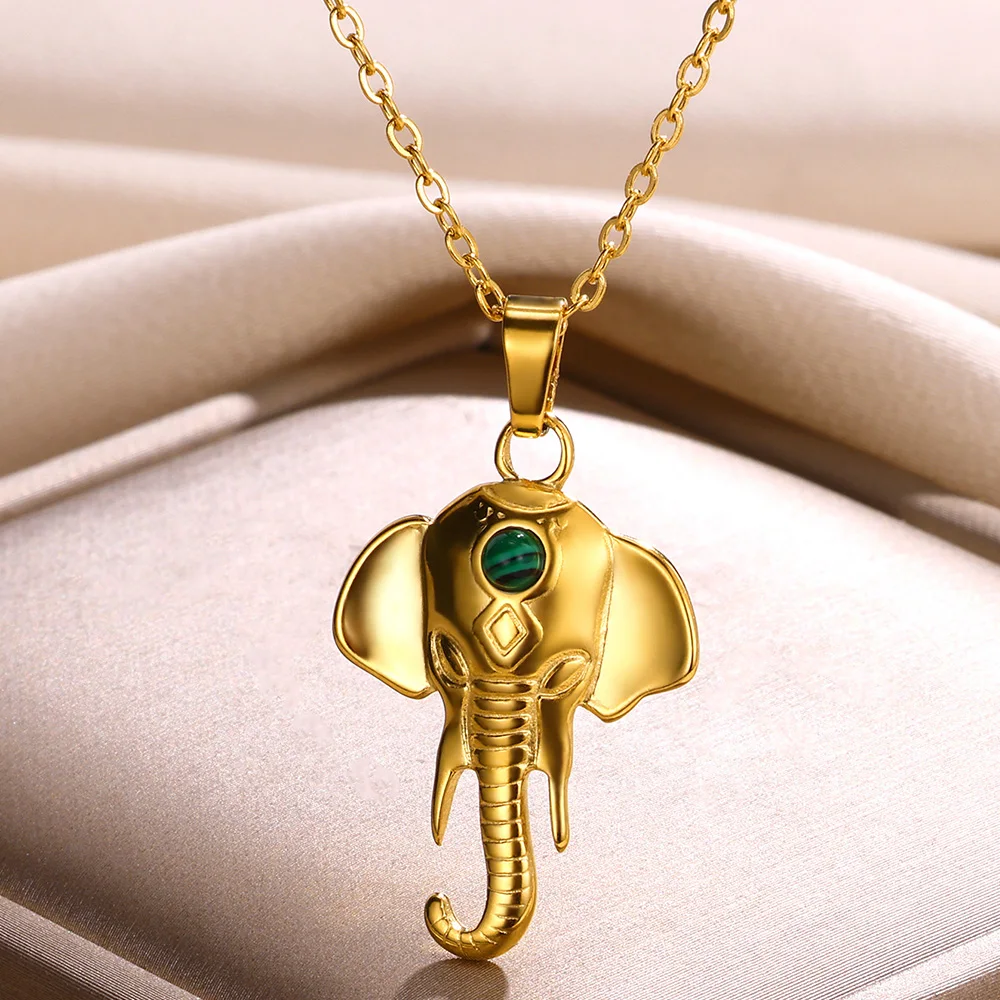 Stainless Steel Elephant Pendant Necklaces For Women Trend Natural Stone Jewelry Gold Color Chain Strength Peculiar Accessories