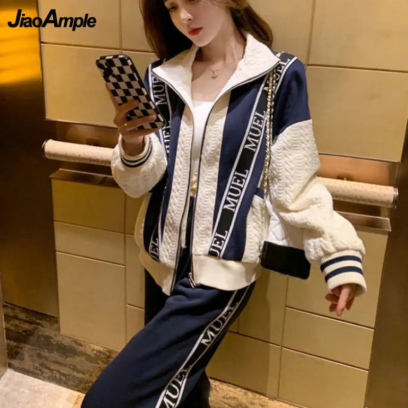 Women\'s Autumn Winter Fashion Sportswear Suit 2024 New Korean Elegant Loose Sweater Coat+Trousers Two-piece Femlae Tracksuit Set