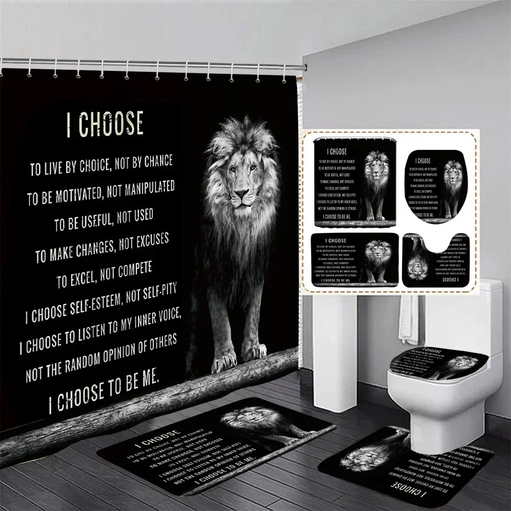 Black Lion Shower Curtain Set Wild Animal Motivational Quote Bathroom Curtains Non-Slip Bath Mat Rug Toilet Lid Cover Home Decor