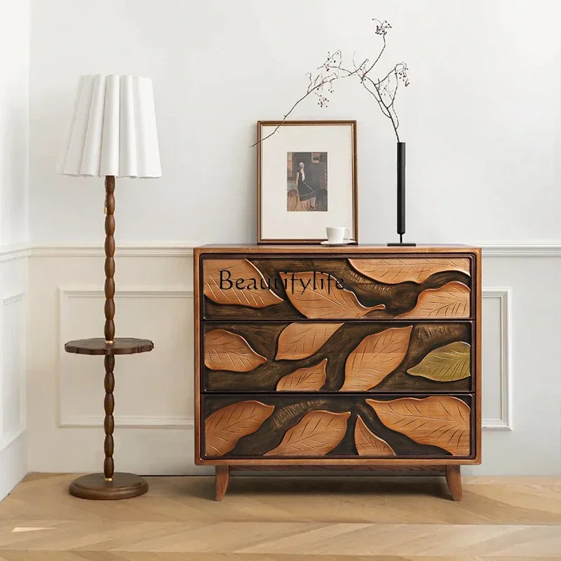 

ls 35Log wind retro art chest three drawers ash wood relief maple leaf locker