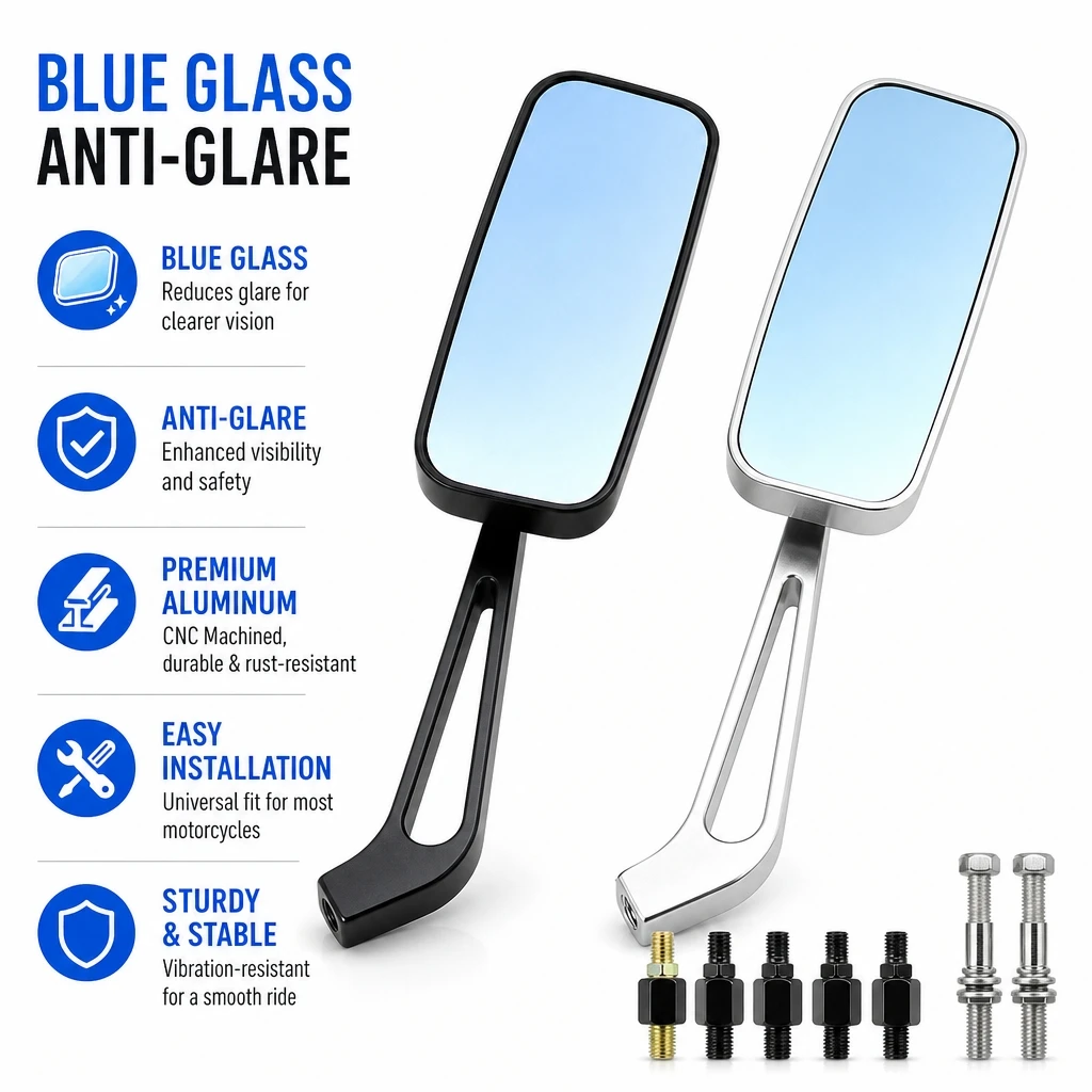 Retro Rectangle Motorcycle Rearview Mirrors Anti-Glare Blue Glass Side Mirror Universal For Motorbike Scooter E-Bike Modified Pa