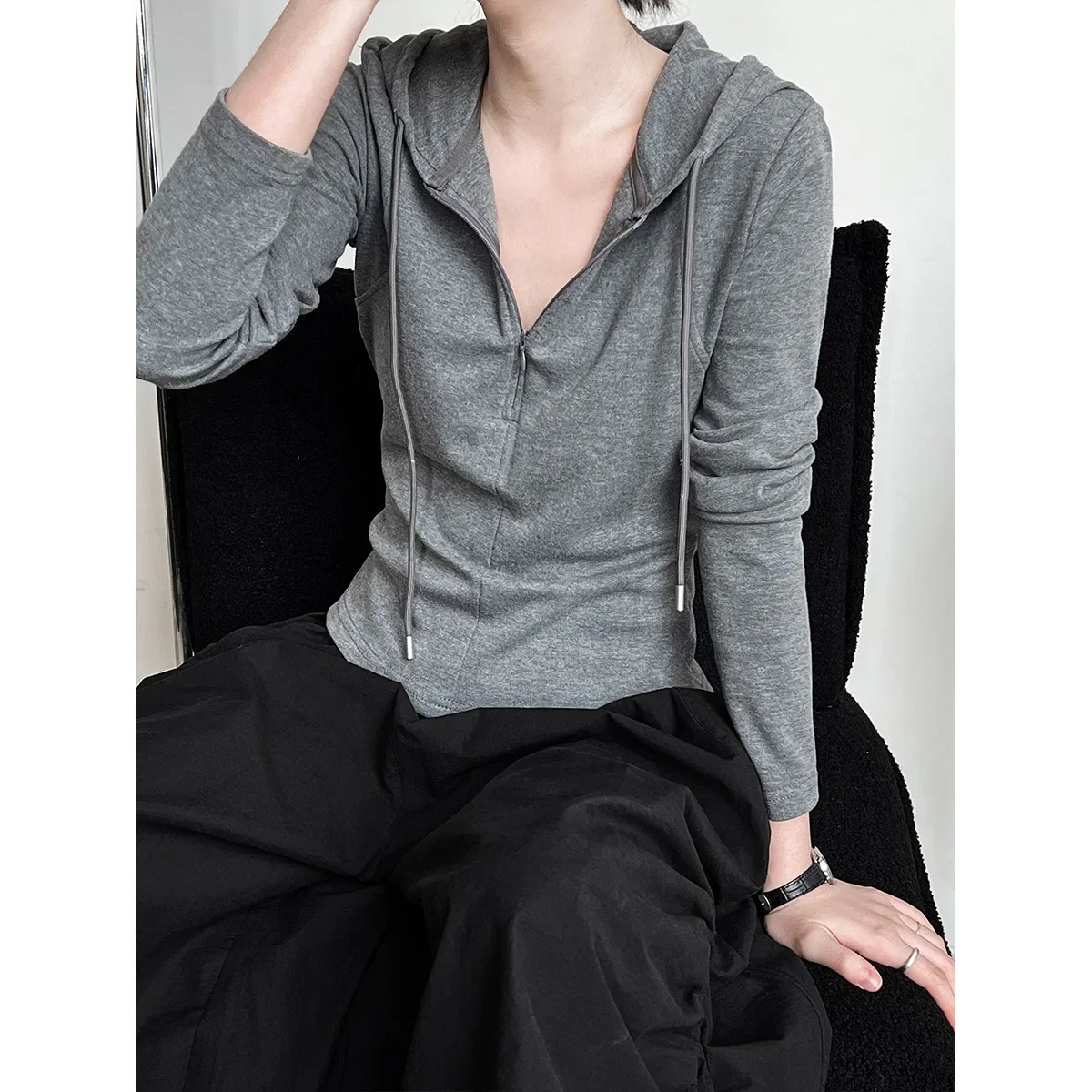 Women Clothes Hoodie Soft Stretch 2024 Autumn Drawstring Long-sleeved T-shirt Solid Color Fashionable Simple Casual T Shirt Top