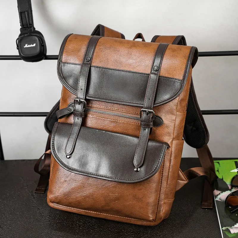 Vintage Men's Backpack Fashion Flap Buckle Backpacks For Men Luxury PU Leather Travel Backpack Large Capacity 14 Inch Laptop Bag