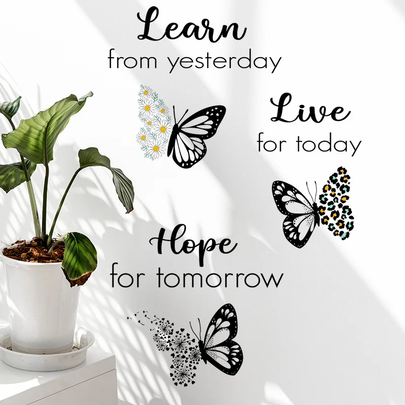 Autocollants muraux avec citation « Learn Live Hope », autocollants papillons à imprimé floral et léopard pour la décoration de la maison
