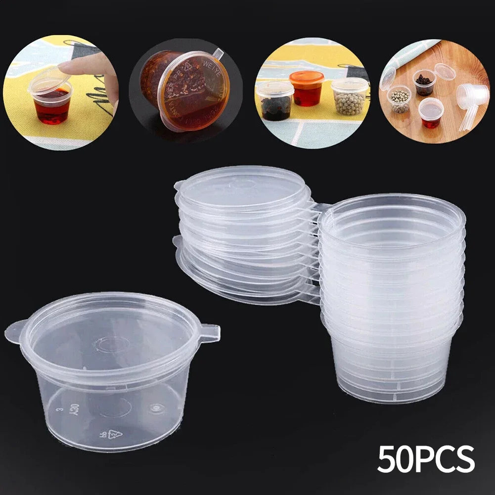 Caja de salsa de 50 Uds., caja de plástico unida transparente redonda para condimentos con tapa, paquete de entrega, caja de condimentos, suministro para el hogar de varios tamaños