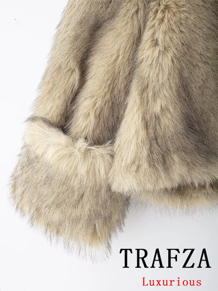 TRAFZA Vintage Casual Women Faux Fur Hoodies Turtleneck Long Sleeve Outwears Straight Loose Fashion 2024 Autumn Winter Outwears