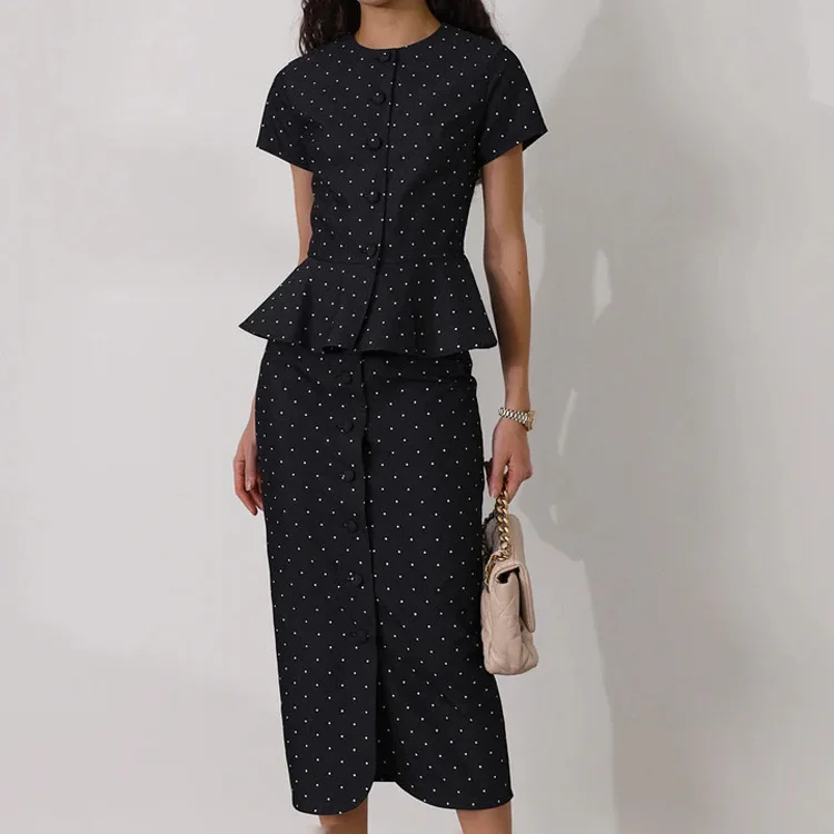 

Spring Summer Polka Dot Skirts Sets Women O-neck Single Breasted Ruffle Hem Tops Hip Package Skirt Autumn New Lady Elegant Suit