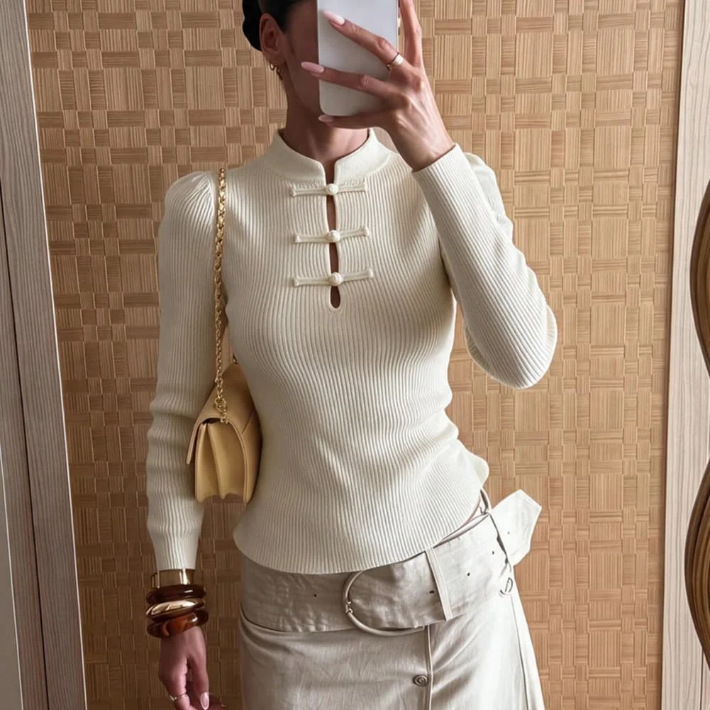 Womens Breathable Knit For Top Featuring Stand-Up Collar Button Closure Ribbed Texture and Openwork Detail for Heat