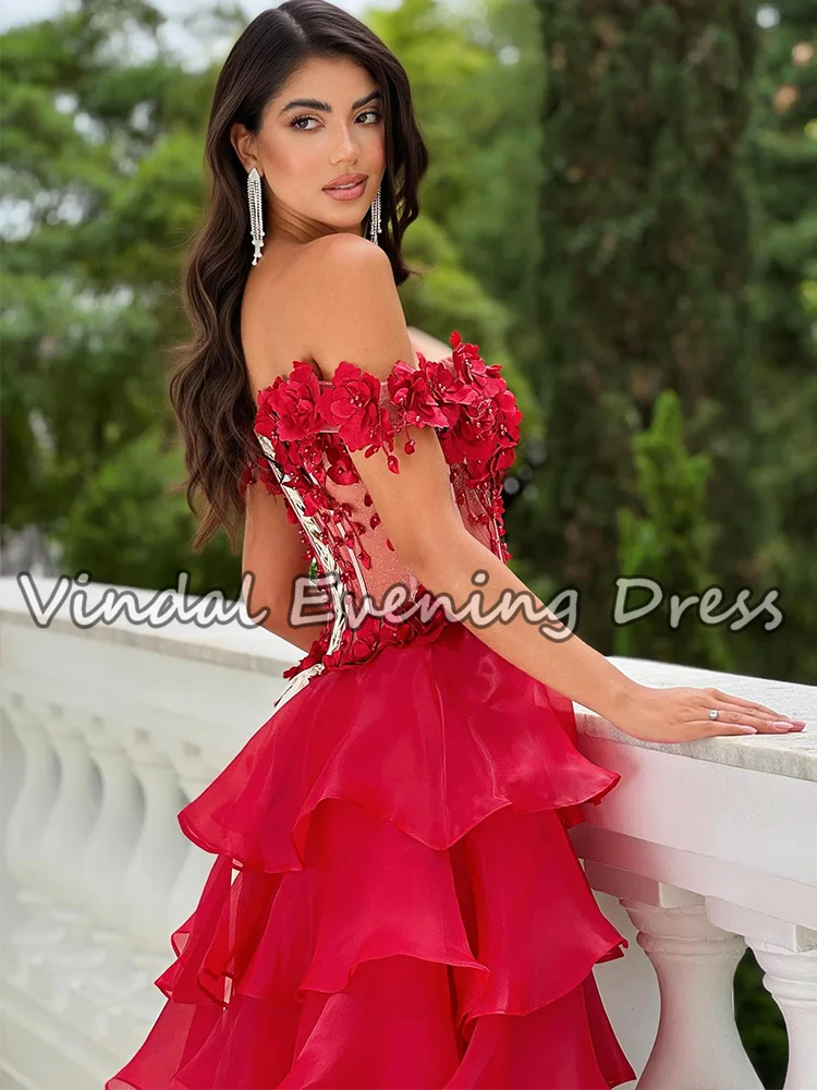 Vindal Stunning Red 3D Flower A-Line Prom Dress Off-Shouder Split Tiered Ruffle Elegant Evening Party Dress for Women Customized
