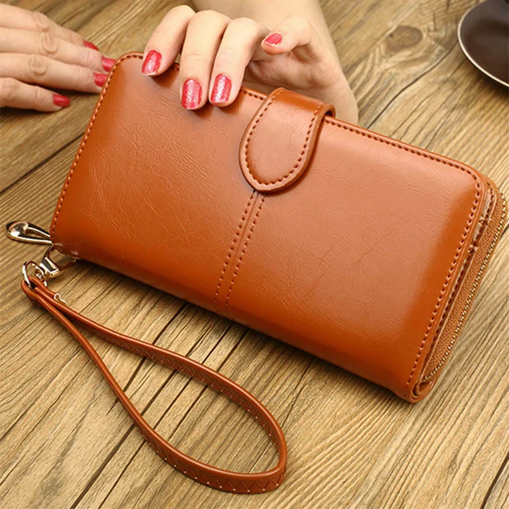 Women Long Wallet Oil Wax Leather Coin Purse Handbag Retro Large Capacity Phone Pouch Card Holder Clutch Zipper Buckle Money Bag