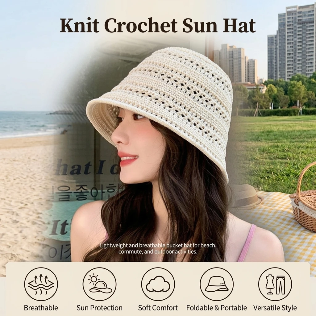 Breathable Bucket Hat Hollow Crochet for Beach Vacation Women's Sun Protection Wide Brim Foldable Travel Summer Cap Durable