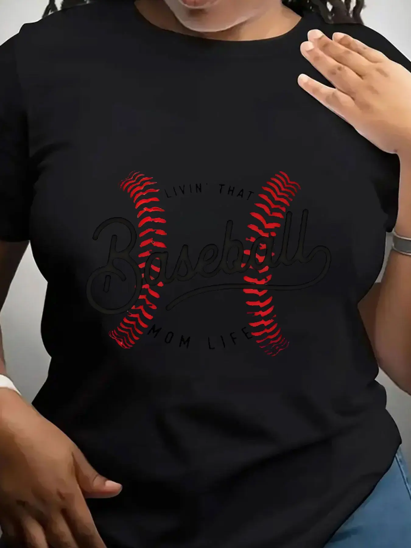 Women's Trendy Crew Neck T-Shirt Livin That Baseball Mom Life Suitable for Casual Sportswear