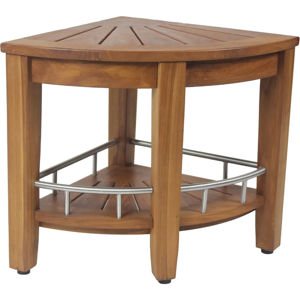 AquaTeak Banco de ducha esquinero Kai de 15,5 pulgadas con estante de teca y acero inoxidable