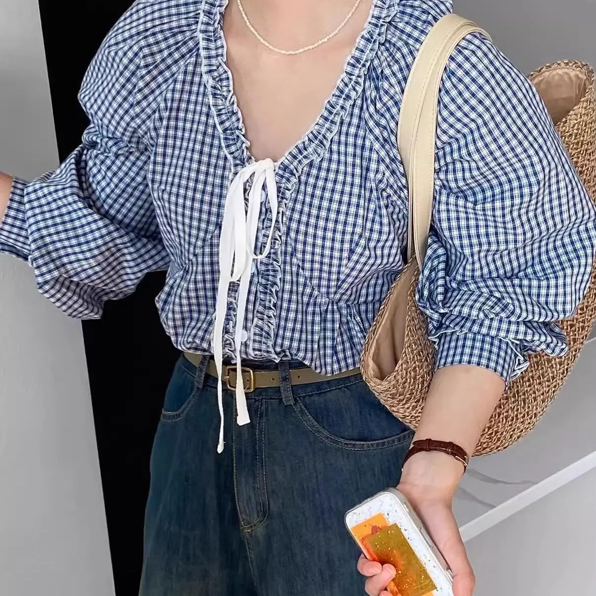 Camicette blu scozzesi da donna con maniche lunghe a lanterna Top con lacci retrò Camicie da ufficio casual da donna oversize