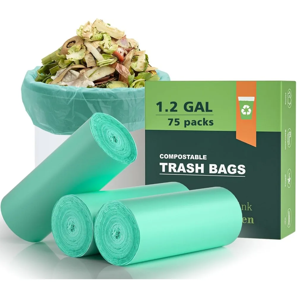 Bolsas de basura pequeñas de 1,2 galones, bolsas de basura para el hogar, oficina, cocina, aptas para 5 litros, 5l, 1 gal, 74 unidades, mini botín compuesto