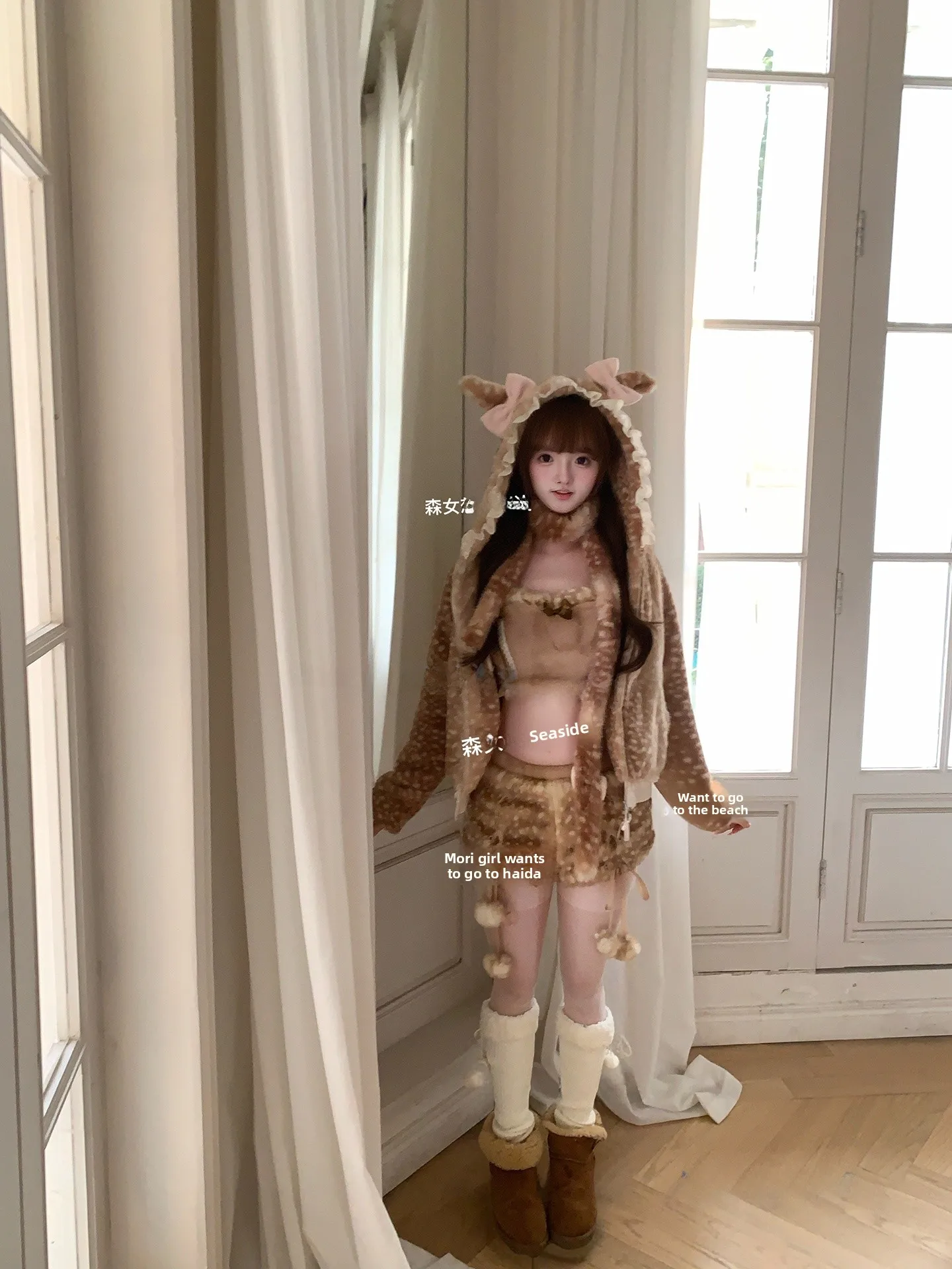 

Cute Deer Pattern Cotton Jaet Hooded Forest Girl Sle Original Design Winter Warm ort Coat Long Sve Single Button Clo...