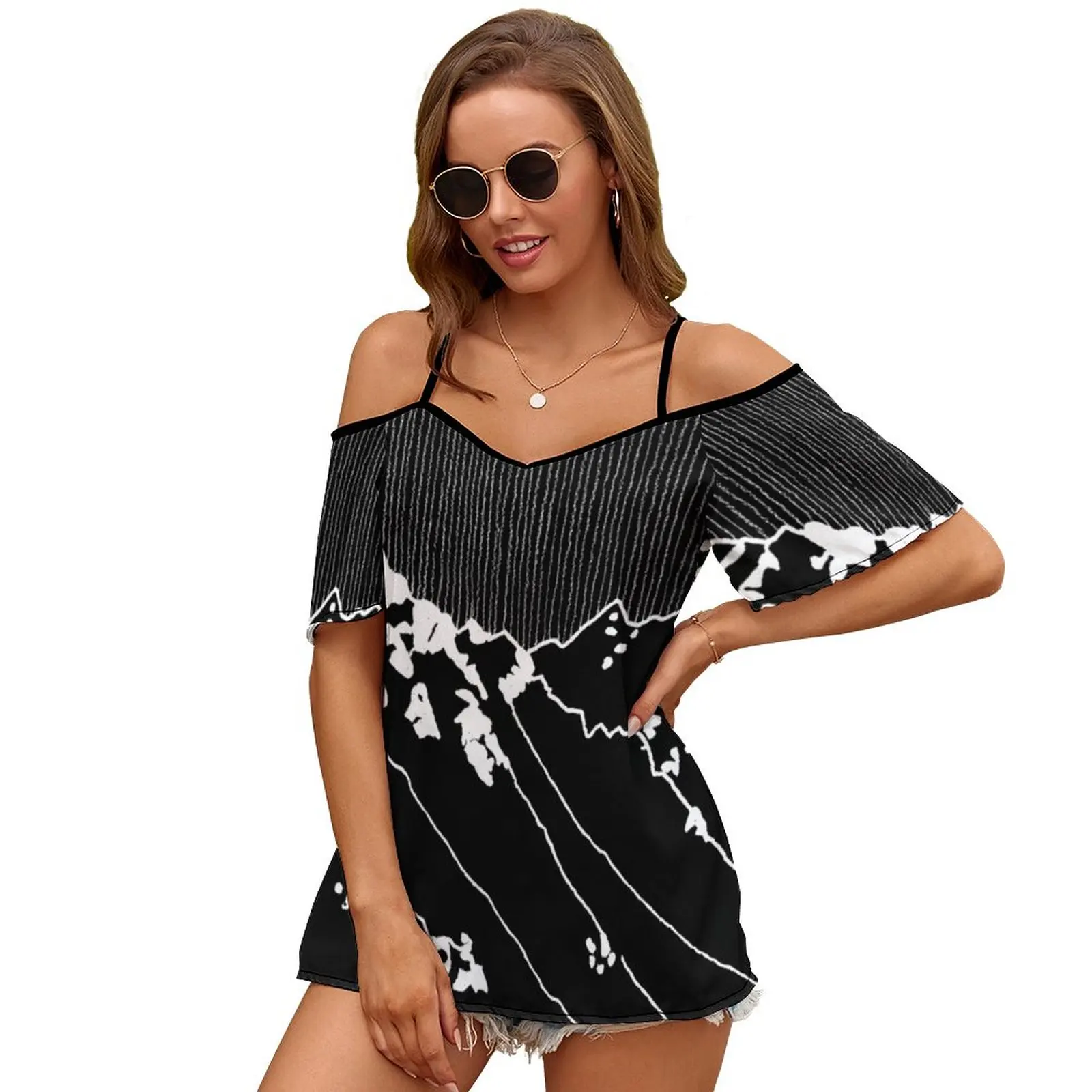 Iceland Series-A Peculiar Serenity (White Ink) Damski zamek błyskawiczny Różne style T-shirty z nadrukiem Topy Pełny nadruk T-Shirt Pen Ink Pe