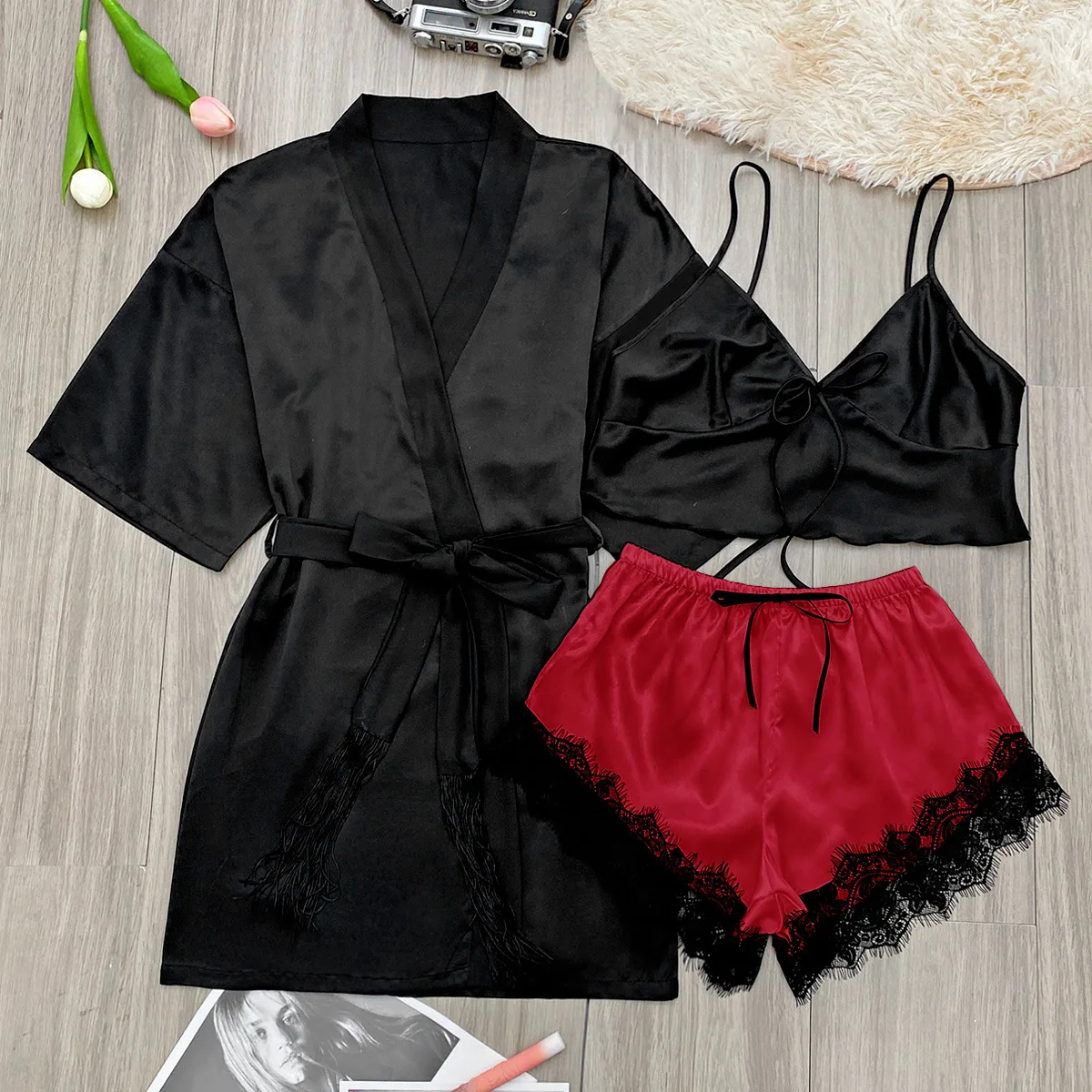 

Women's Pajamas Set Satin Summer 3-Piece V-Neck Tank Tops Shorts Robe Sexy Comfortable Sleepwear Set Loungewear of Women ﻿