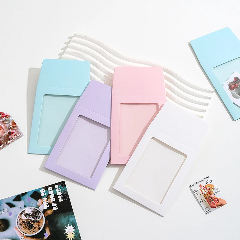 100Pcs Mini Paper Envelope with Transparent Window Pink/Blue Kraft Envelopes Photo Display Envelope Stationery Supplies 8.5x11cm