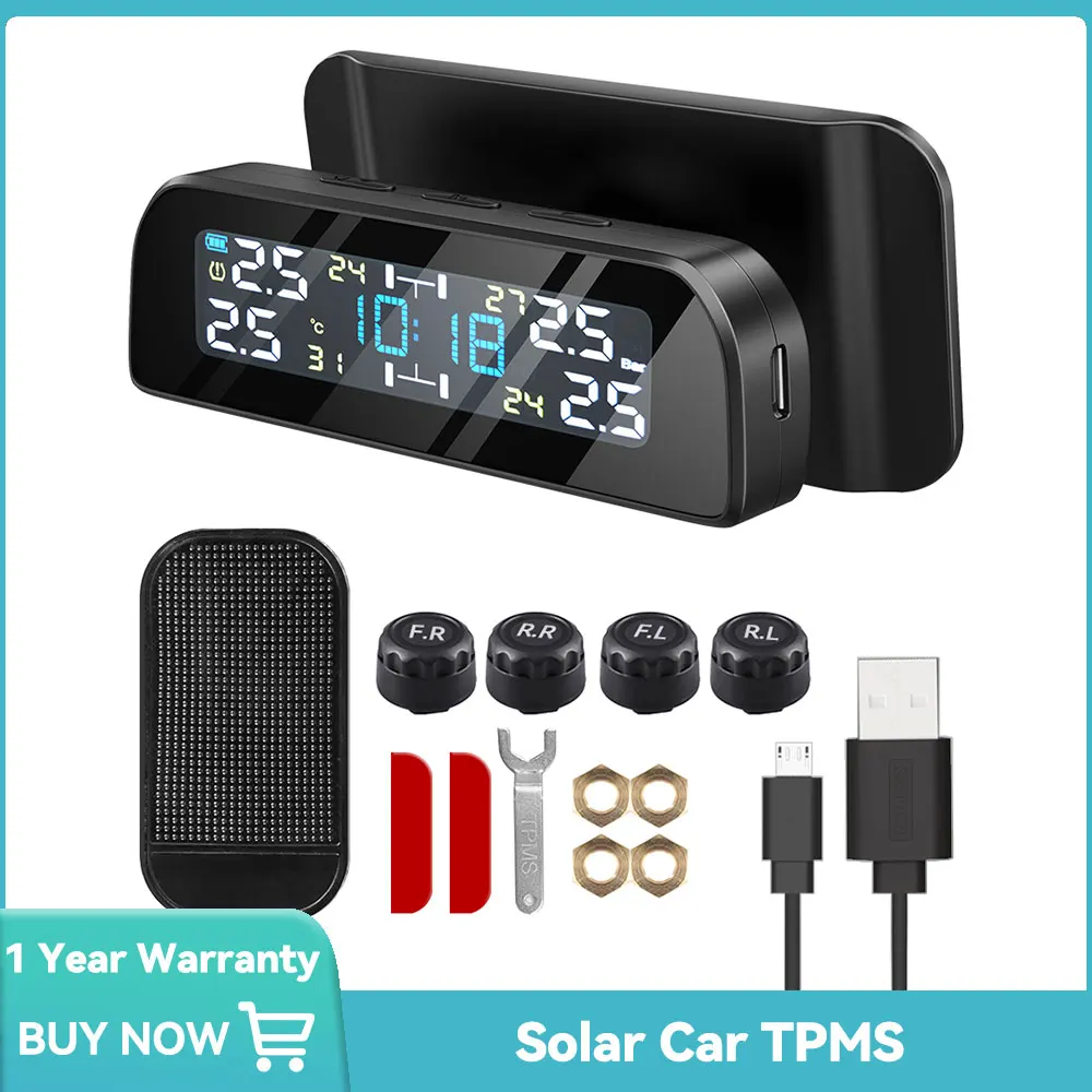 Car TPMS Tire Pressure Sensors Solar Tire Pressure Monitoring System TMPS Temperature Alarm 4 Wheel Tyre External Sensor